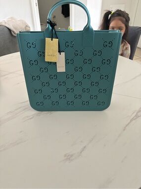 Gucci Teal Perforated GG Tote NEW